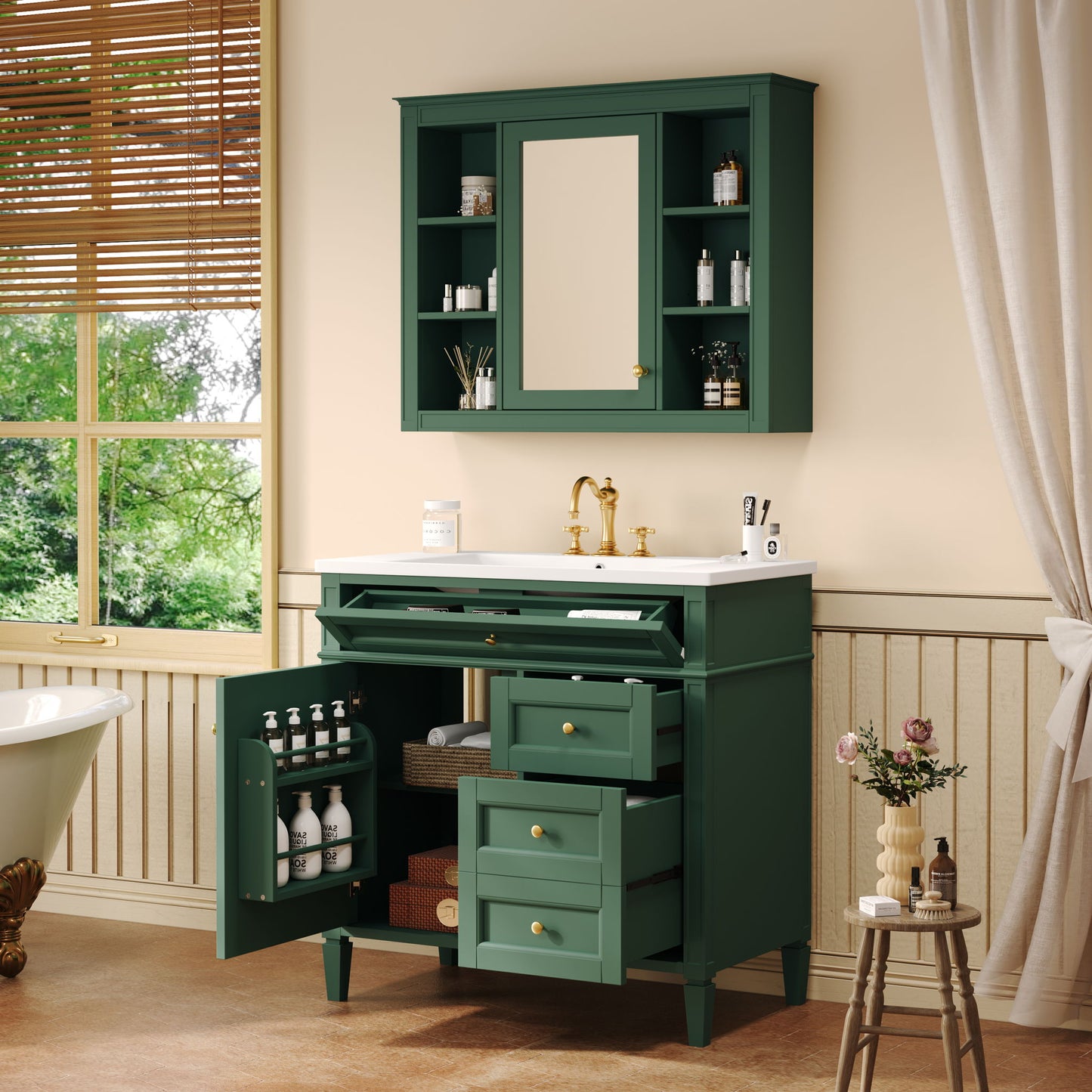 Bathroom Vanity With Top Sink, Storage Cabinet With Mirror, 2 Doors, 3 Drawers, 6 Open Shelves