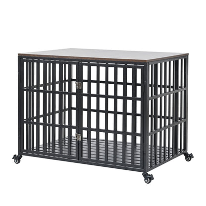 Heavy Duty Dog Crate For Large Medium Dogs, Furniture Style Cage With 4 Lockable Wheels And 2 Locks, Decorative Pet House Wooden Cage Kennel Furniture Indoor - Black