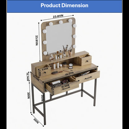 Vanity Desk With 3 Color Lighted Mirror And 4 Drawers