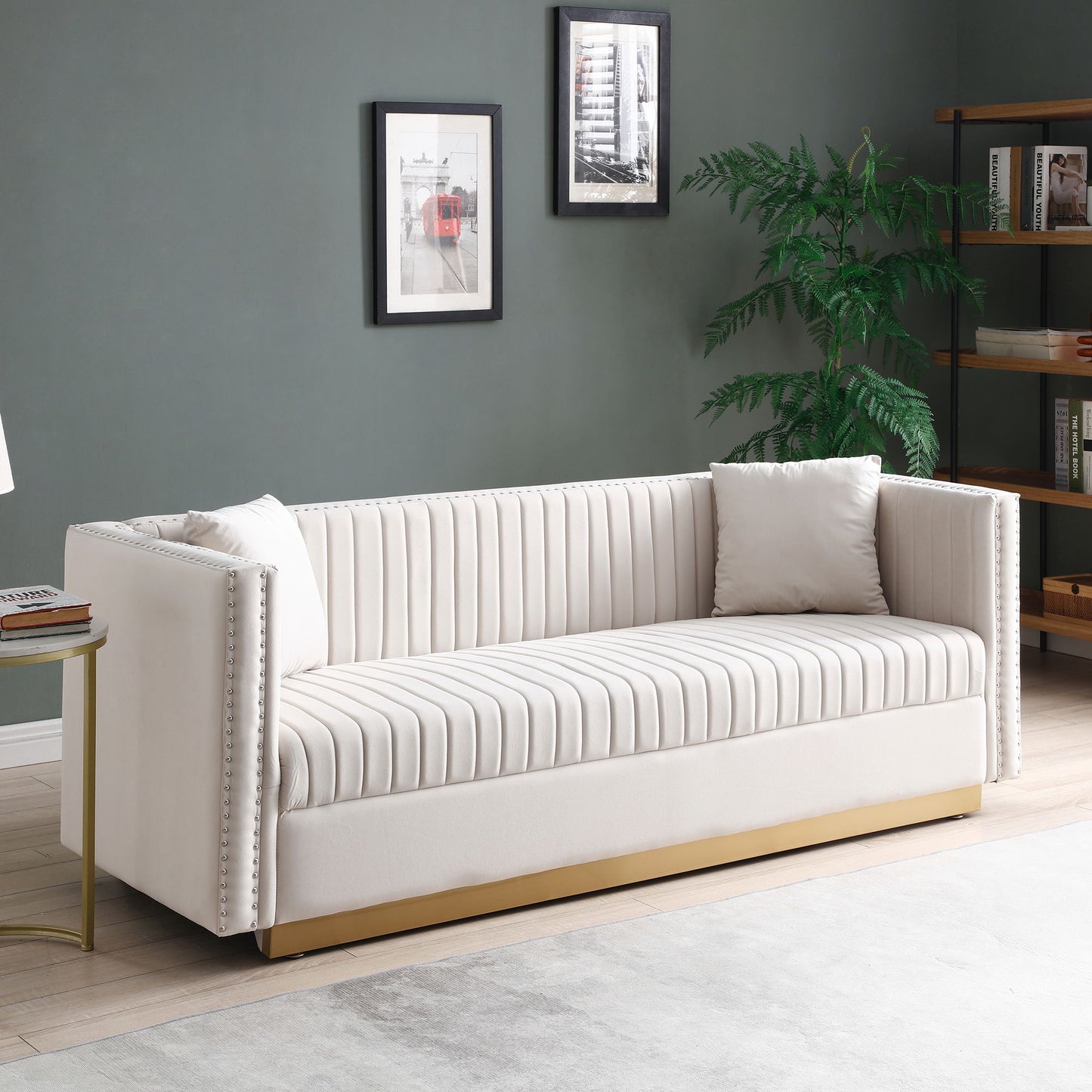 Contemporary Vertical Channel Tufted Sofa Modern Upholstered Couch For Living Room With 2 Pillows