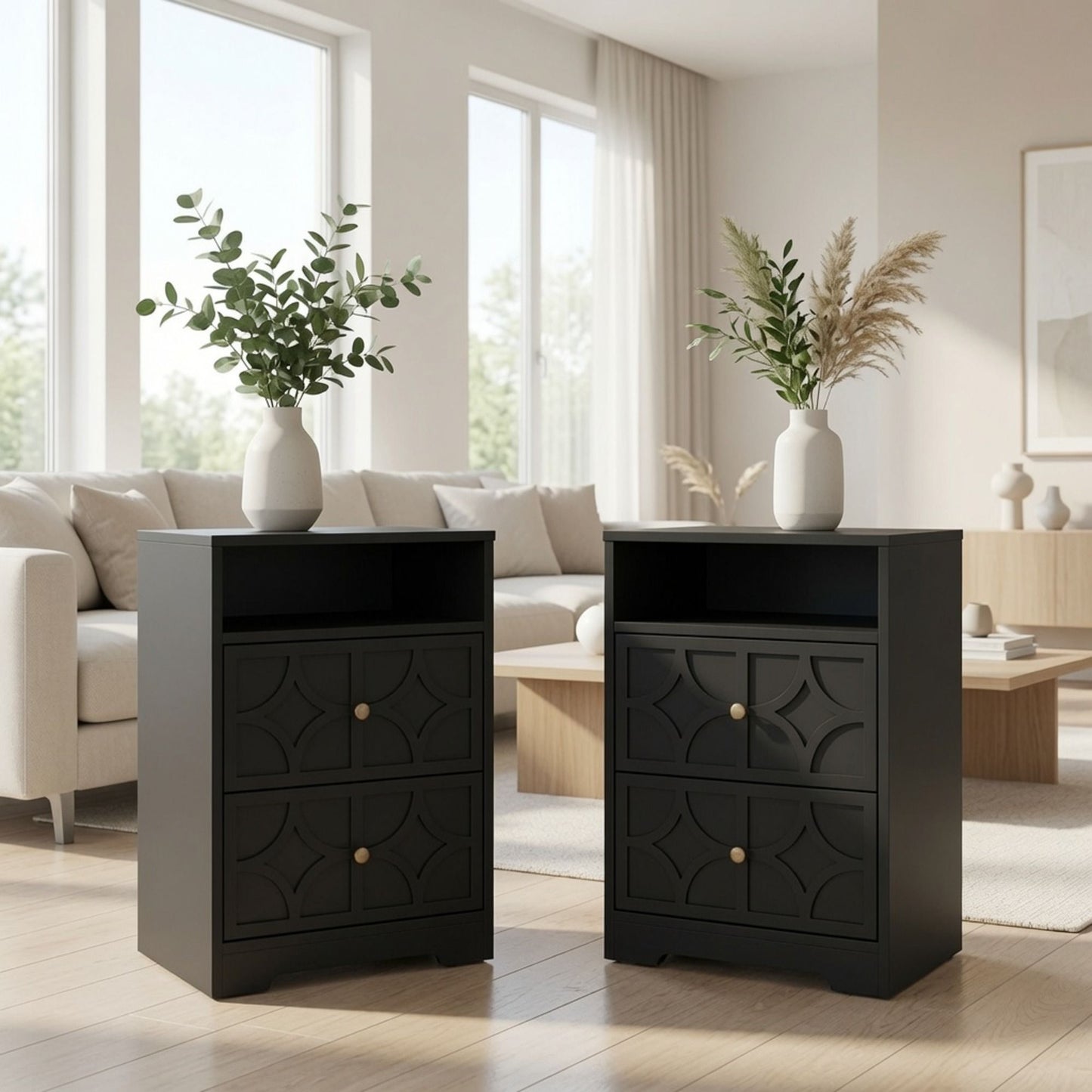 Nightstand With Diamond Carvings Handles, 2 Drawers & Charging Station