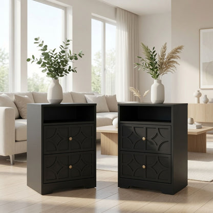 Nightstand With Diamond Carvings Handles, 2 Drawers & Charging Station