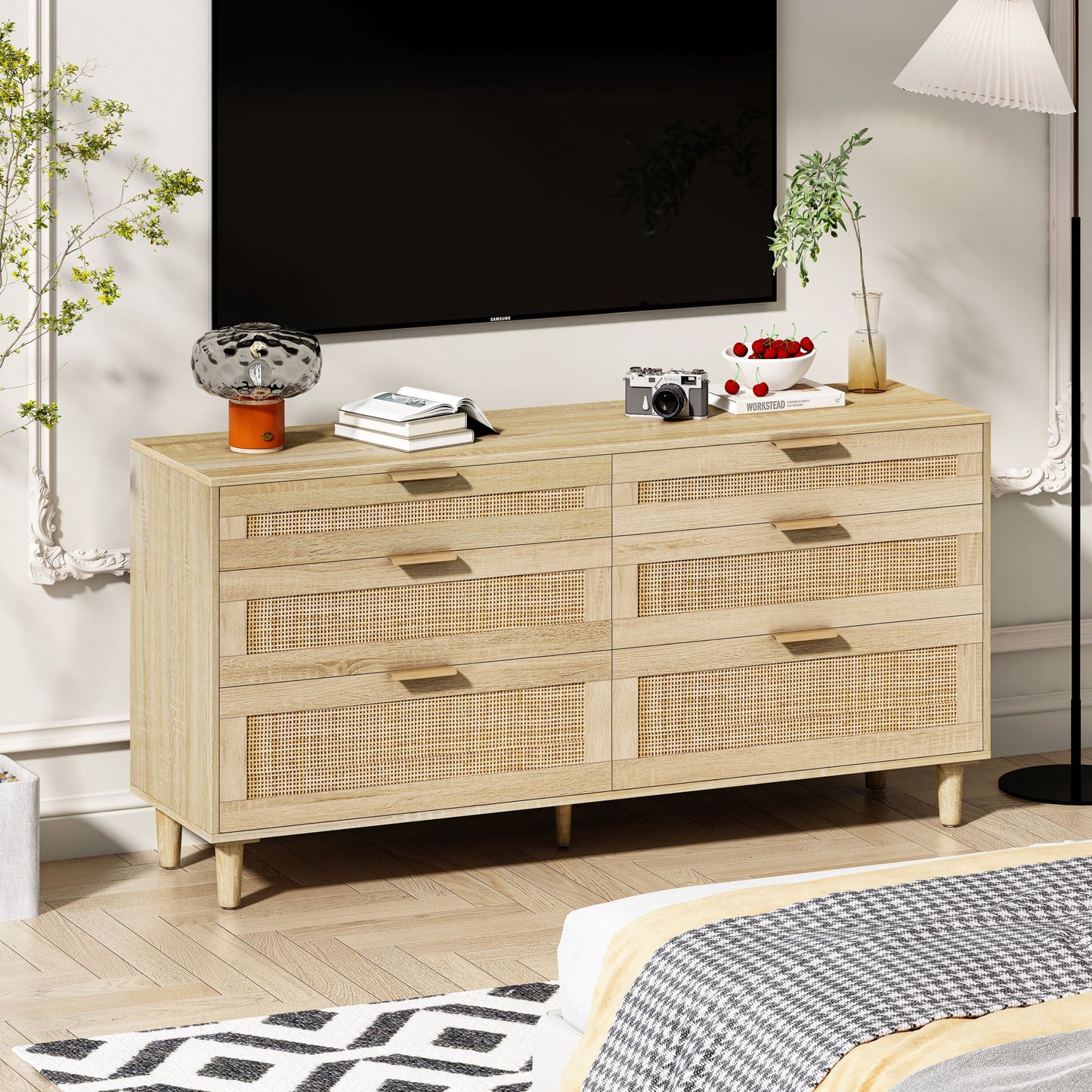 Rattan Dresser With 6 Drawers, Wooden Legs & Metal Handle
