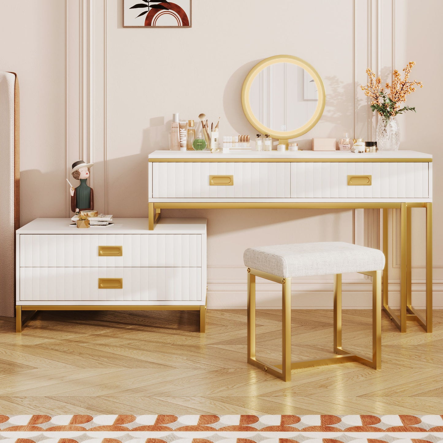 Modern Style Vanity Table With Movable Side Cabinet And 4 Drawers, Large Size Dressing Table With Mirror And 3 Colors Led Light, Makeup Table With Stool - White / Golden