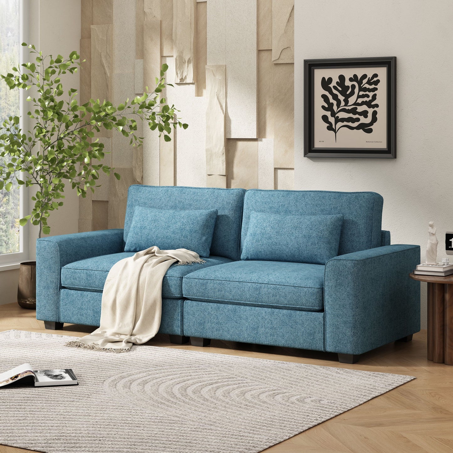 Modern Fabric Sofa With Plush Cushions, Sleek Arm Design