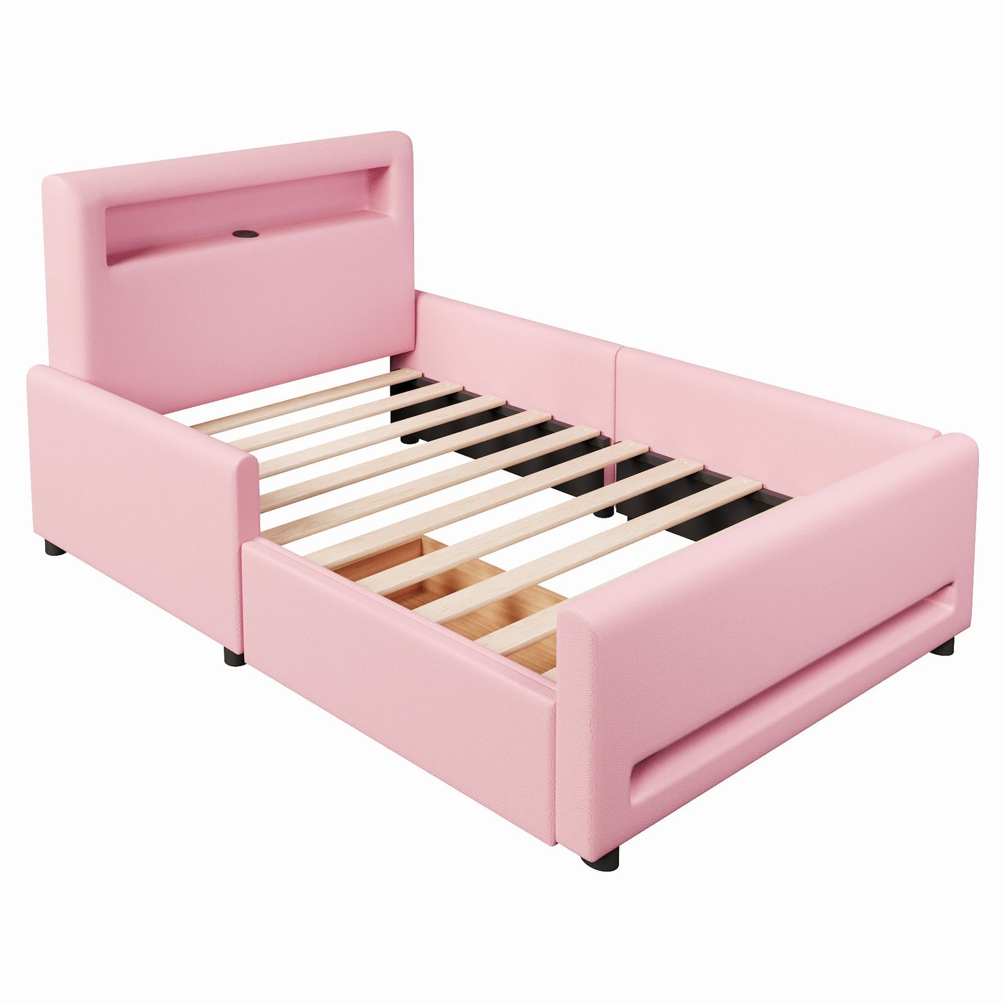 Upholstered Platform Bed With Drawer, LED Light Strip, USB Port