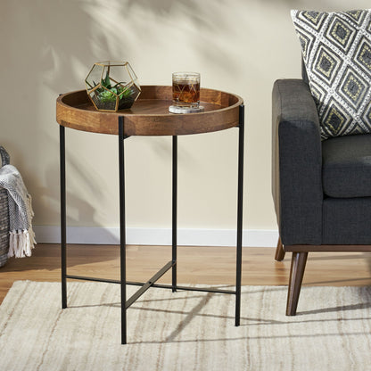 Modern Industrial Round End Table With Tray Top And Foldable Iron Legs - Natural