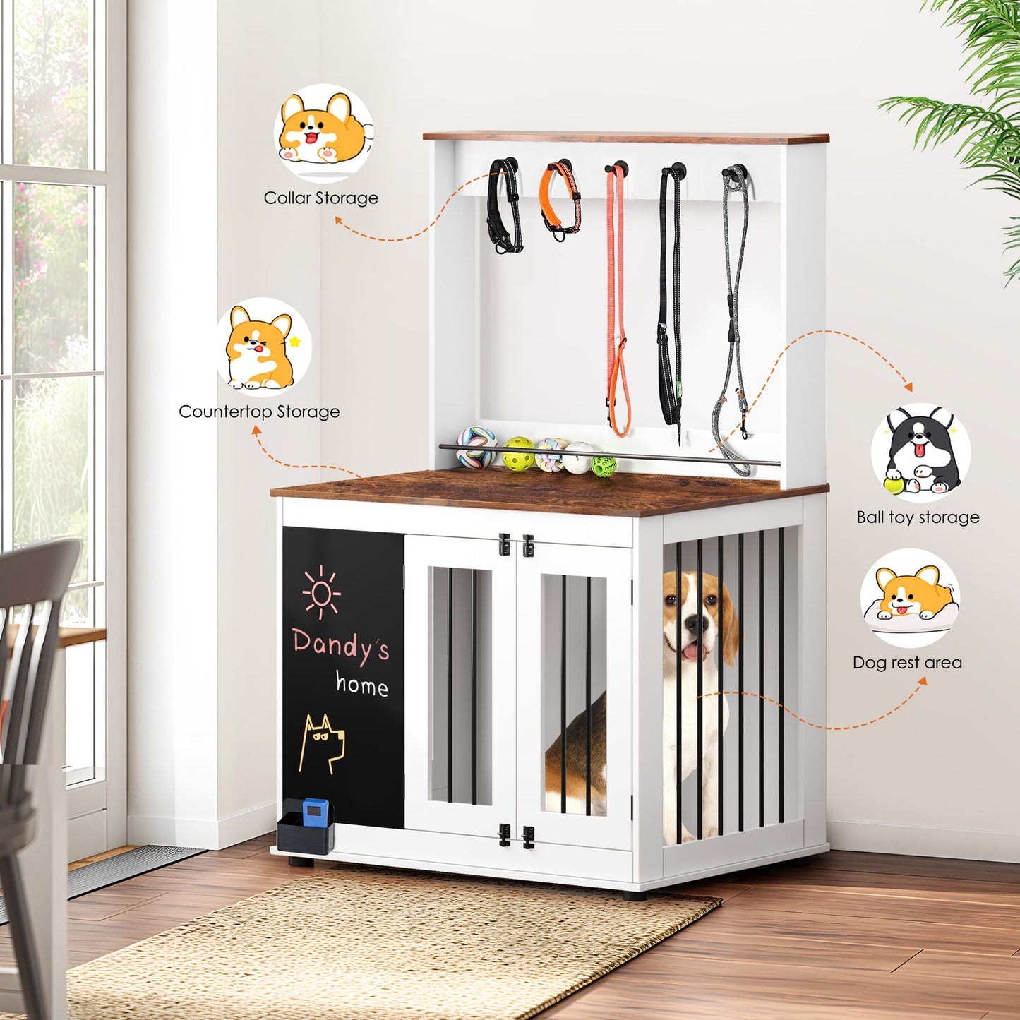 Dog Crate, Graffiti Dog Cage, Kennel With Double Doors, Crate Interior Furniture, Heavy Wooden Dog Cage, Large Dog - White