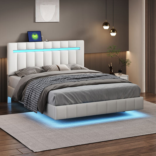 Queen Size Floating Bed Frame With LED Lights And USB Charging, Modern Upholstered Platform LED Bed Frame - White