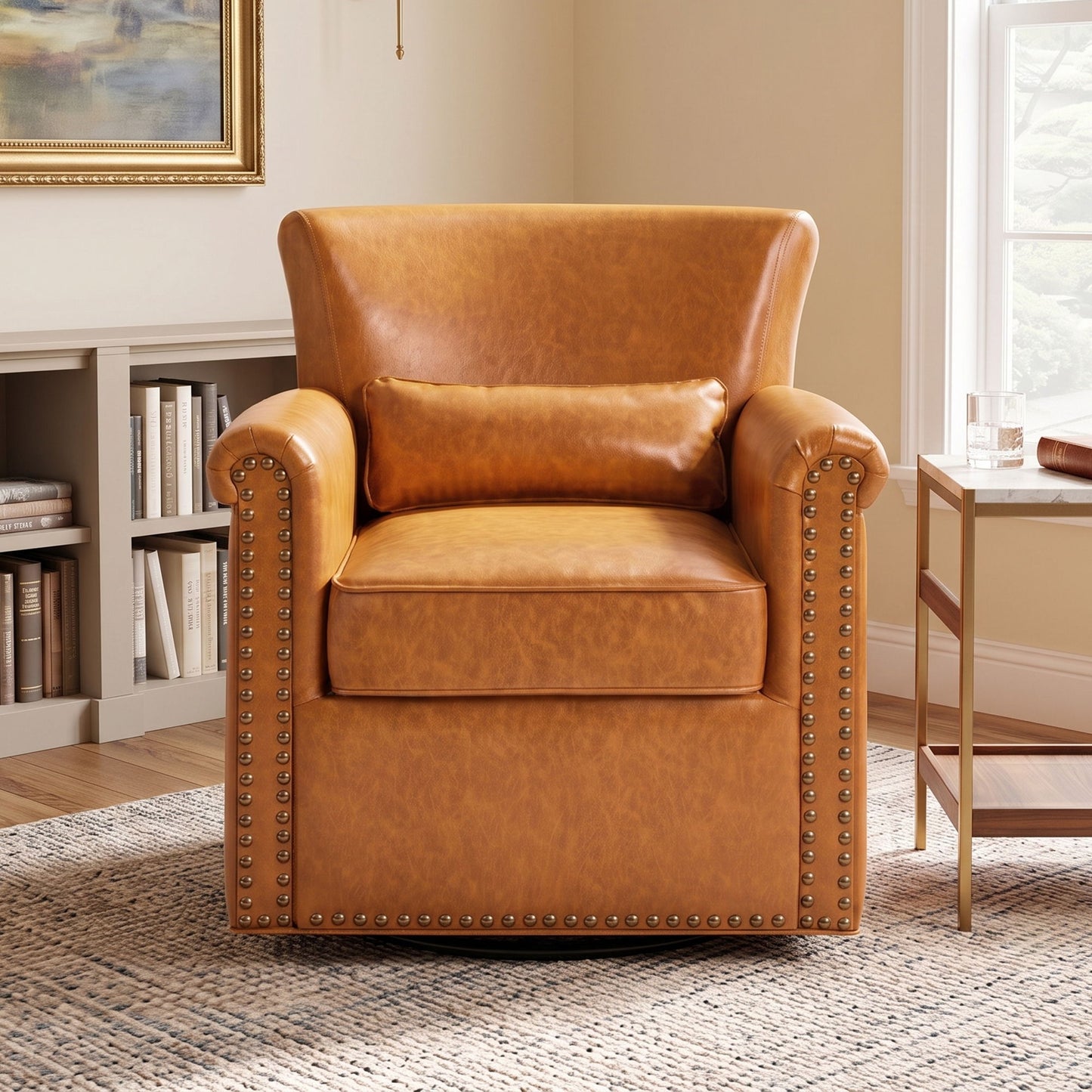 Swivel Accent Chair With Rolled Arm, Sewn Pillow Back, Nailhead Trim For Living Room