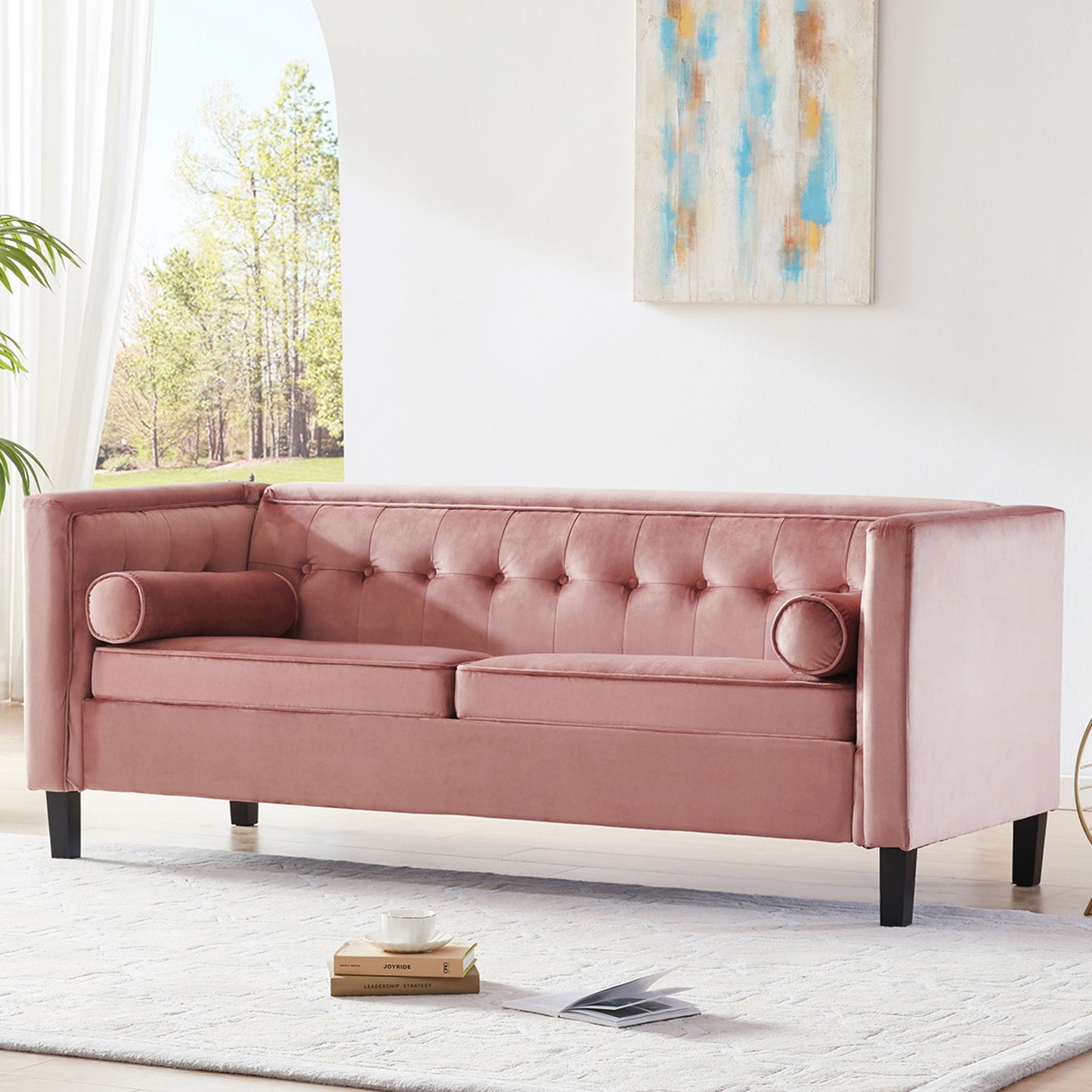 Mid-Century Velvet Sofa, Love Seats Sofa Furniture With Bolster Pillows, Button Tufted Couch For Living Room, Tool - Free Assembly - Pink