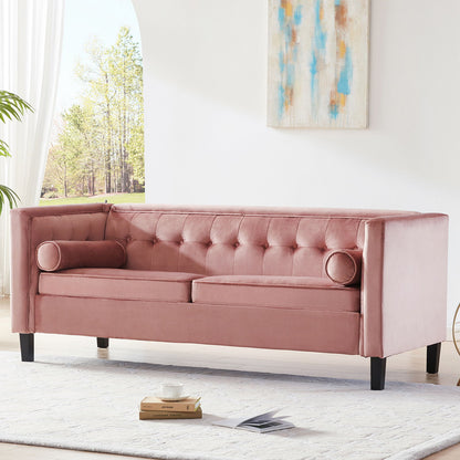 Mid-Century Velvet Sofa, Love Seats Sofa Furniture With Bolster Pillows, Button Tufted Couch For Living Room, Tool - Free Assembly - Pink