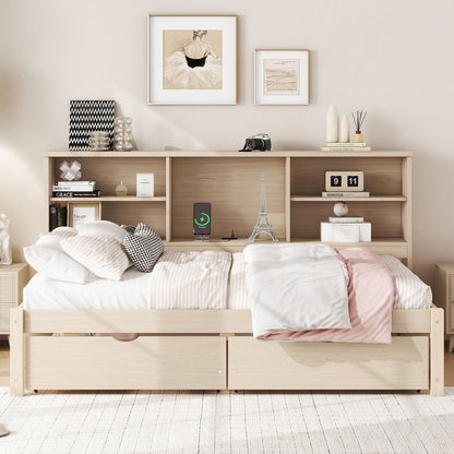 Bed Frame With Side Bookshelves, 2 Drawers, And Built In USB Port