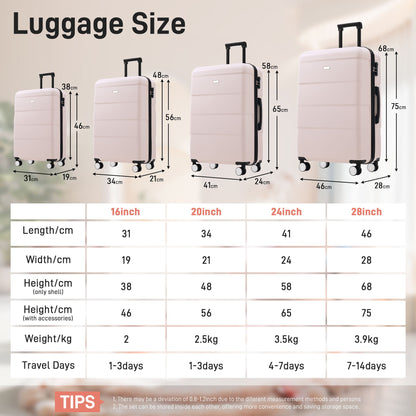 Hardshell Luggage Set 6 Piece With Duffel & Toiletry Bag, Lightweight Spinner Wheels, 16" / 20" / 24" / 28" Suitcases - Light Pink