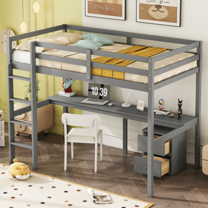 Loft Wood Bed With Under-Bed, Built-In Desk, A Storage Cabinet Of 2 Drawers, Guardrails, Ladder