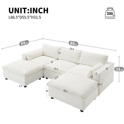 Modular Sectional With Storage Pockets, 5 Seat U Shaped Couch Set With Pillows, Free Combination Modern Cloud Sofa With 2 Movable Ottoman