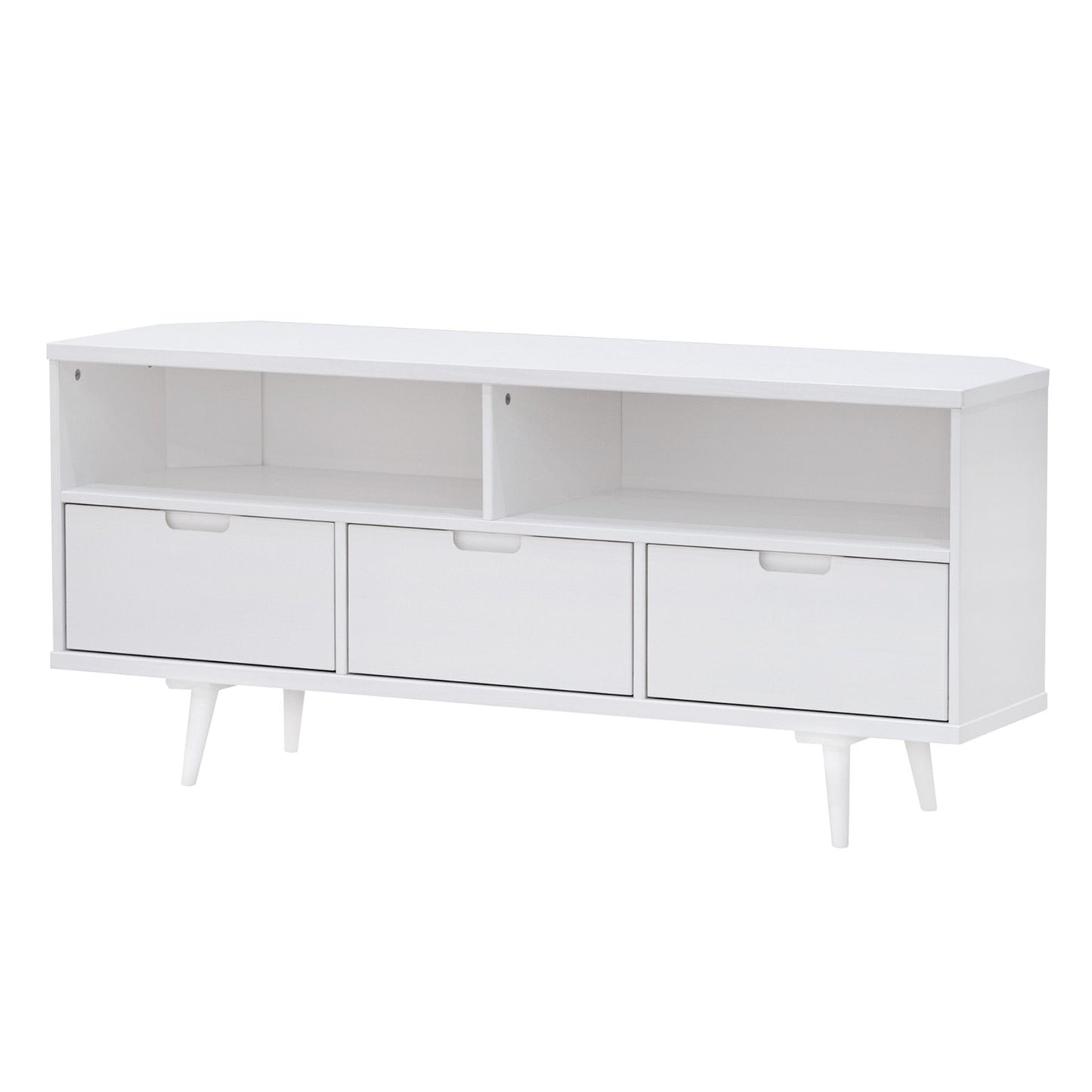 Mid-Century Modern Minimalist 3 Drawer Corner TV Stand For TVs Up To 58 - White