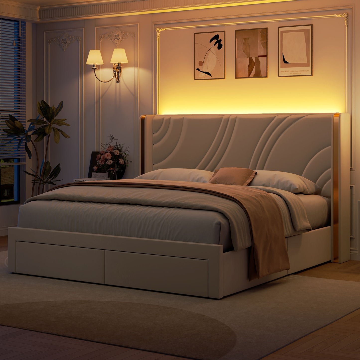 Modern Upholstered LED Bed Frame With Storage Drawers, Wingback Headboard, RGB Light
