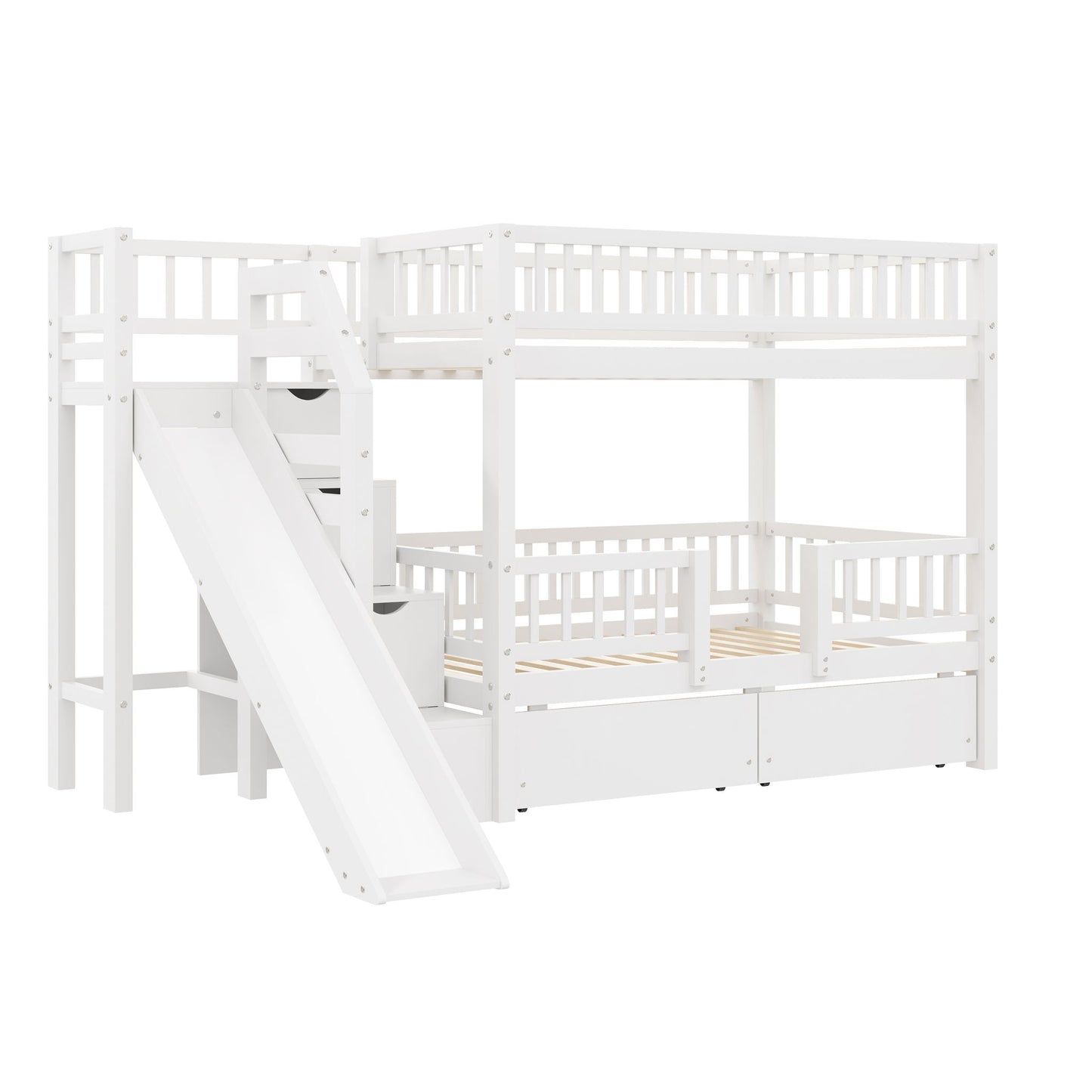 Bunk Bed With Storage Staircase, Slide And 2 Drawers