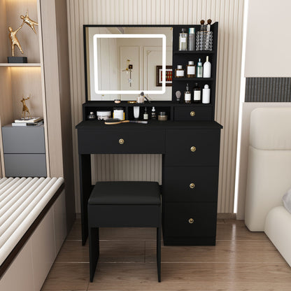 Vanity Desk With Mirror, 3 Color Lighting And Stool