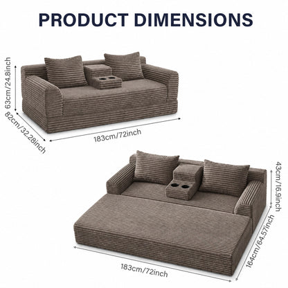 Soft Striped Convertible Sofa Bed, Dual Use Lounge Couch With Cup Holders And Pillows