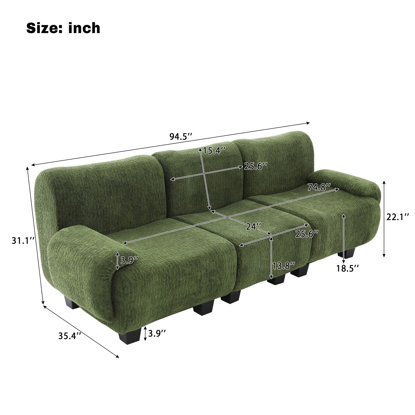 3 Seater Sofa Couch With Curved Armrests
