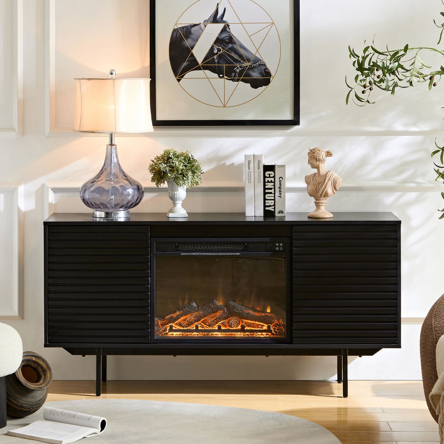 Oak Board Cabinet, The Middle Layer Board On Both Sides Of The Cabinet Can Be Adjusted, The Furnace Is Embedded In The Middle Grid With The Remote Control