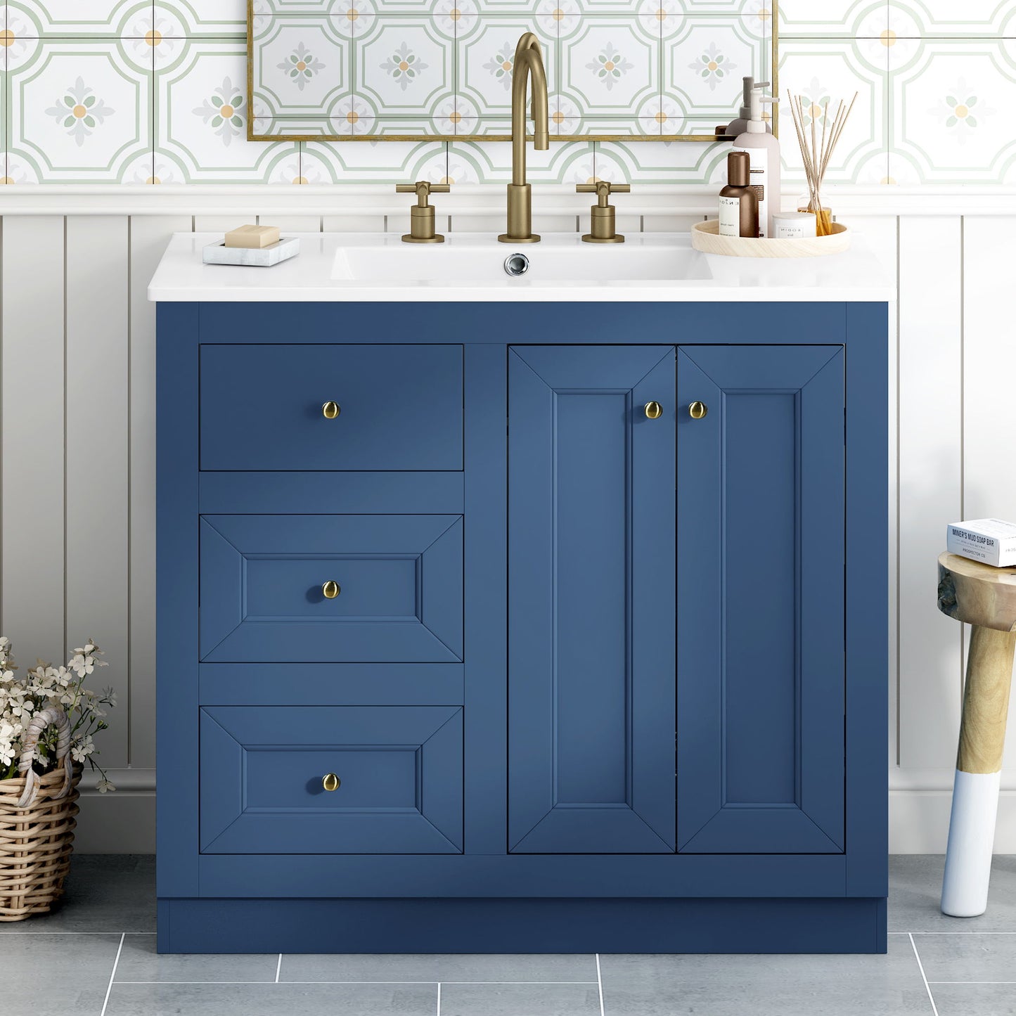Bathroom Vanity With Ceramic Sink, Bathroom Storage Cabinet With 2 Drawers & Shelf, Freestanding Bathroom Cabinet - Blue