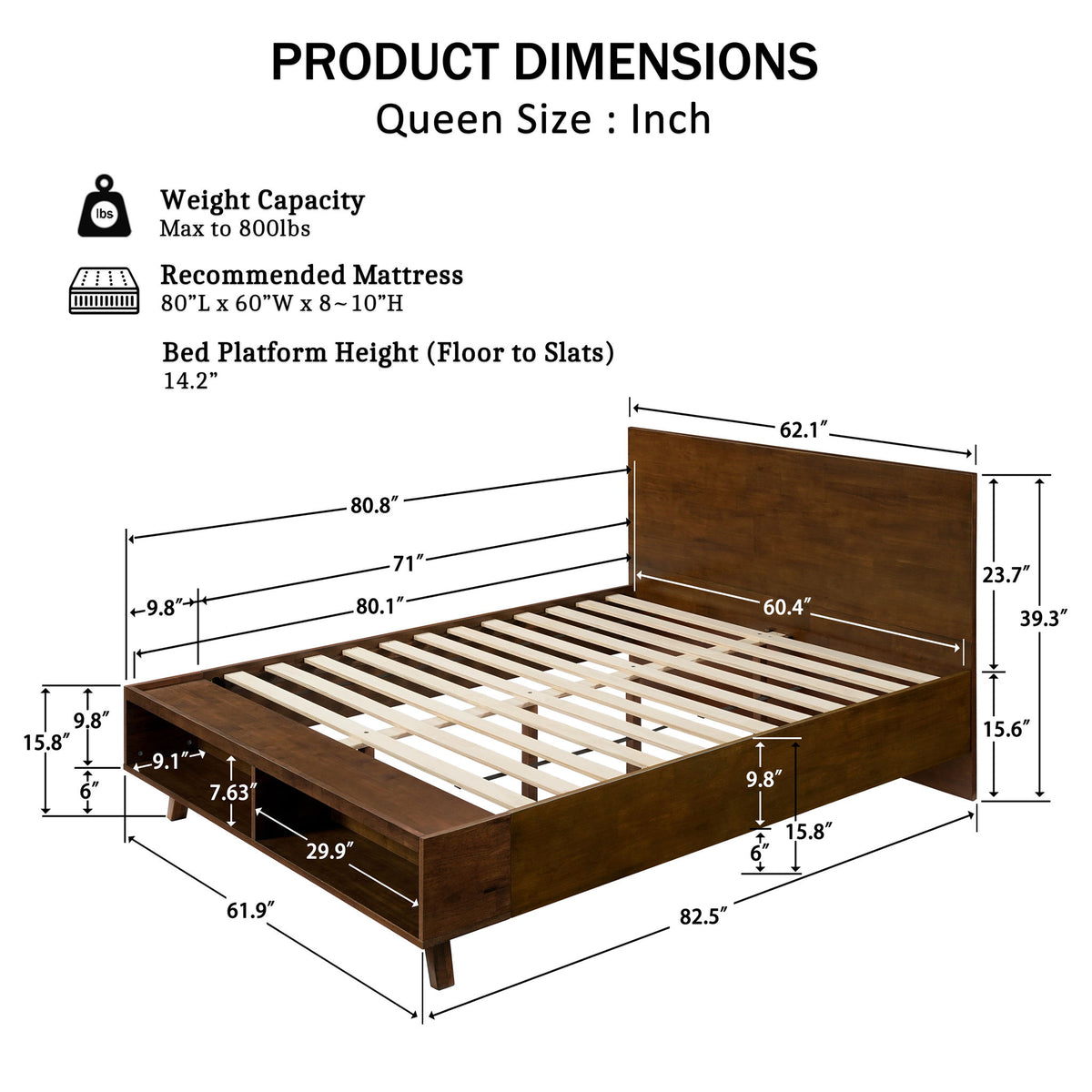 Queen Size Platform Bed Frame With Footboard Storage - Walnut