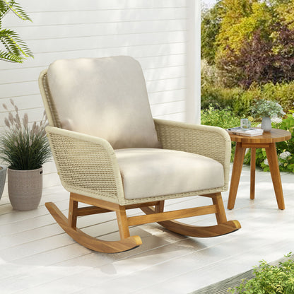Contemporary Minimalist Wicker Rocking Chair With Soft Polyester Cushions