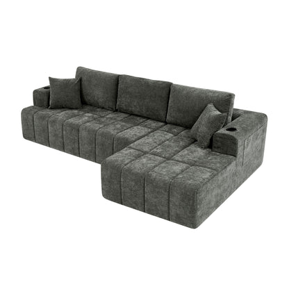 L - Shaped Sectional Sofa With Cup Holders & Side Pockets
