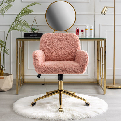 Office Chair, Artificial Rabbit Hair Home Office Chair With Golden Metal Base, Adjustable Desk Chair Swivel Office Chair, Vanity Chair