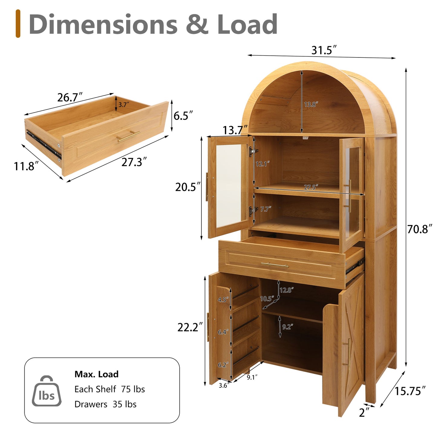 Arched Kitchen Pantry Cabinet With Adjustable Shelves And Barn Door Design