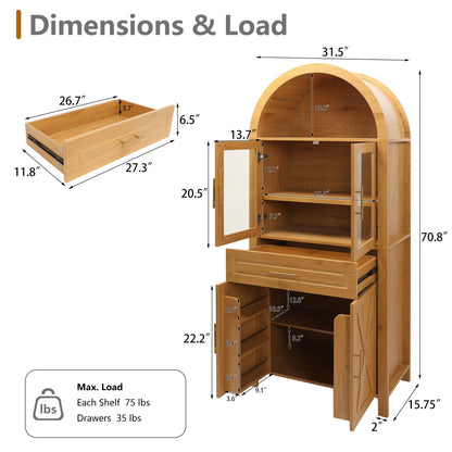 Arched Kitchen Pantry Cabinet With Adjustable Shelves And Barn Door Design