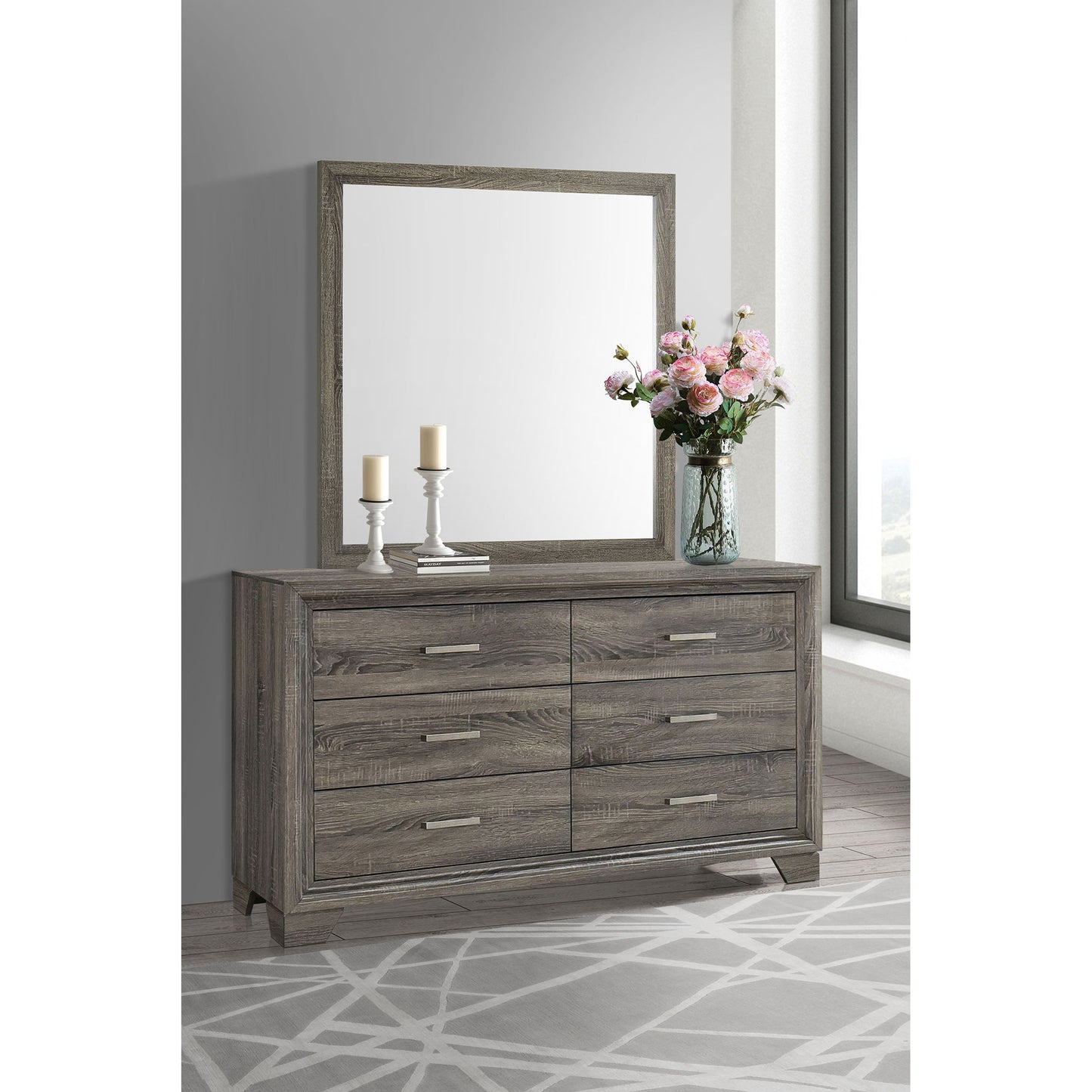 Funston - 6 Drawer Dresser With Mirror - Brown Oak