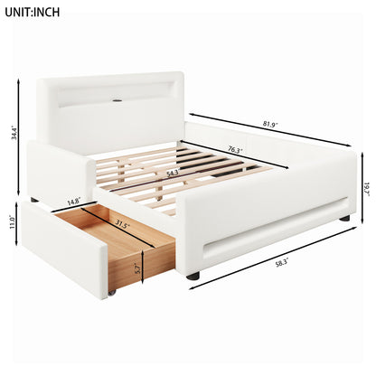 Upholstered Platform Bed With Drawer, LED Light Strip, USB Port