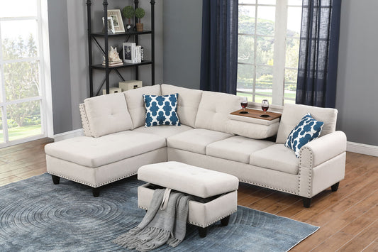 Alger - 98" Wide Left Hand Facing Sofa & Chaise With Ottoman - Beige