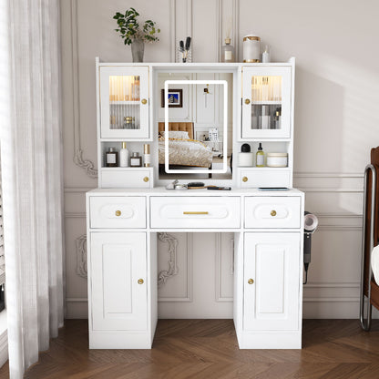 Large Vanity Table Set With Mirror, 6 Drawers & Shelves, Power Socket, Hair Dryer Holder, Cabinet Light, Dressing Desk - White
