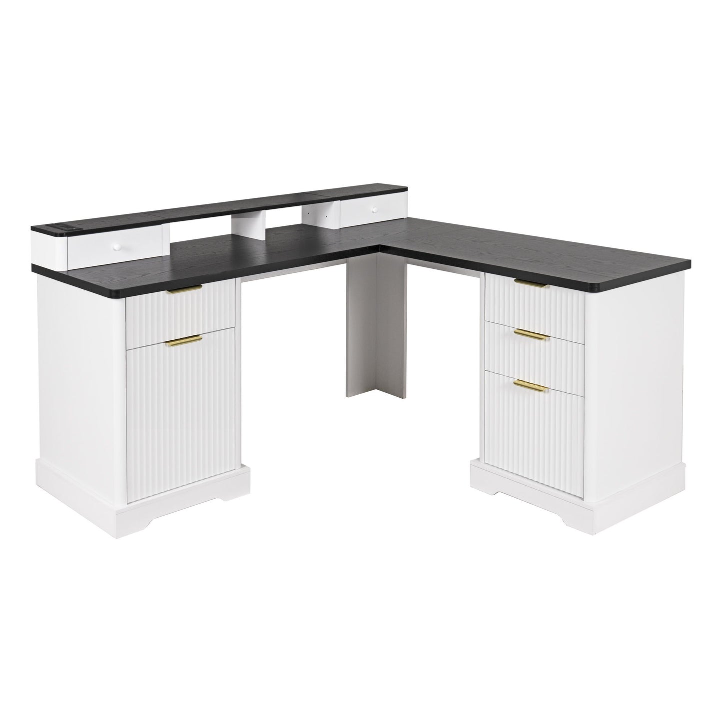 Fluted L-Shaped Desk With Charging Station & Storage Cabinet