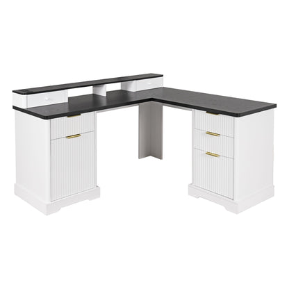 Fluted L-Shaped Desk With Charging Station & Storage Cabinet