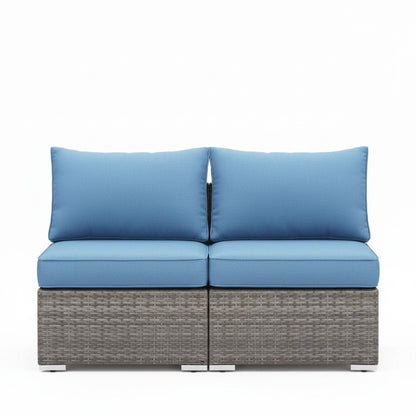 Armless Patio Sofa Set, With UV Resistant Frame And Waterproof Cushions - Blue / Brown
