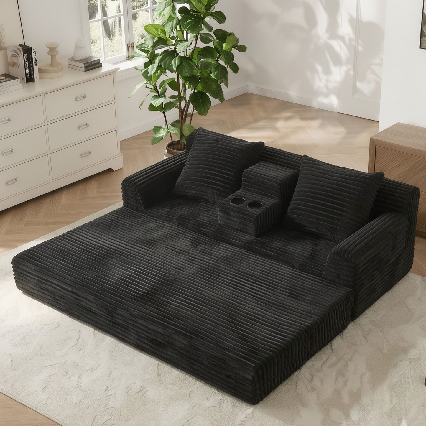 Soft Striped Convertible Sofa Bed, Dual Use Lounge Couch With Cup Holders And Pillows