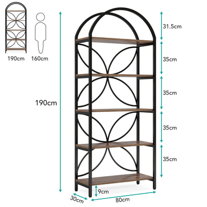 Tall 5 Tier Arched Bookshelf With Shelves For Living Room - Rustic Brown