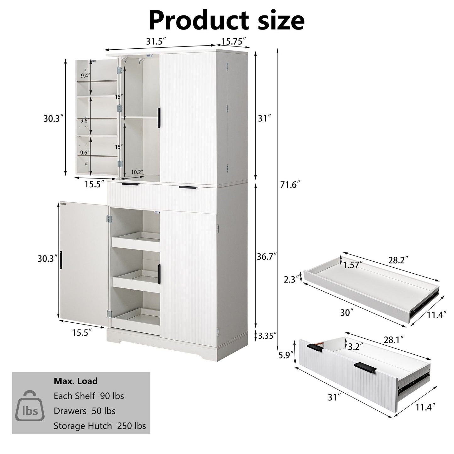 Fluted Kitchen Pantry Cabinet With 3 Keyboard Drawers & 6 Adjustable Door Shelves