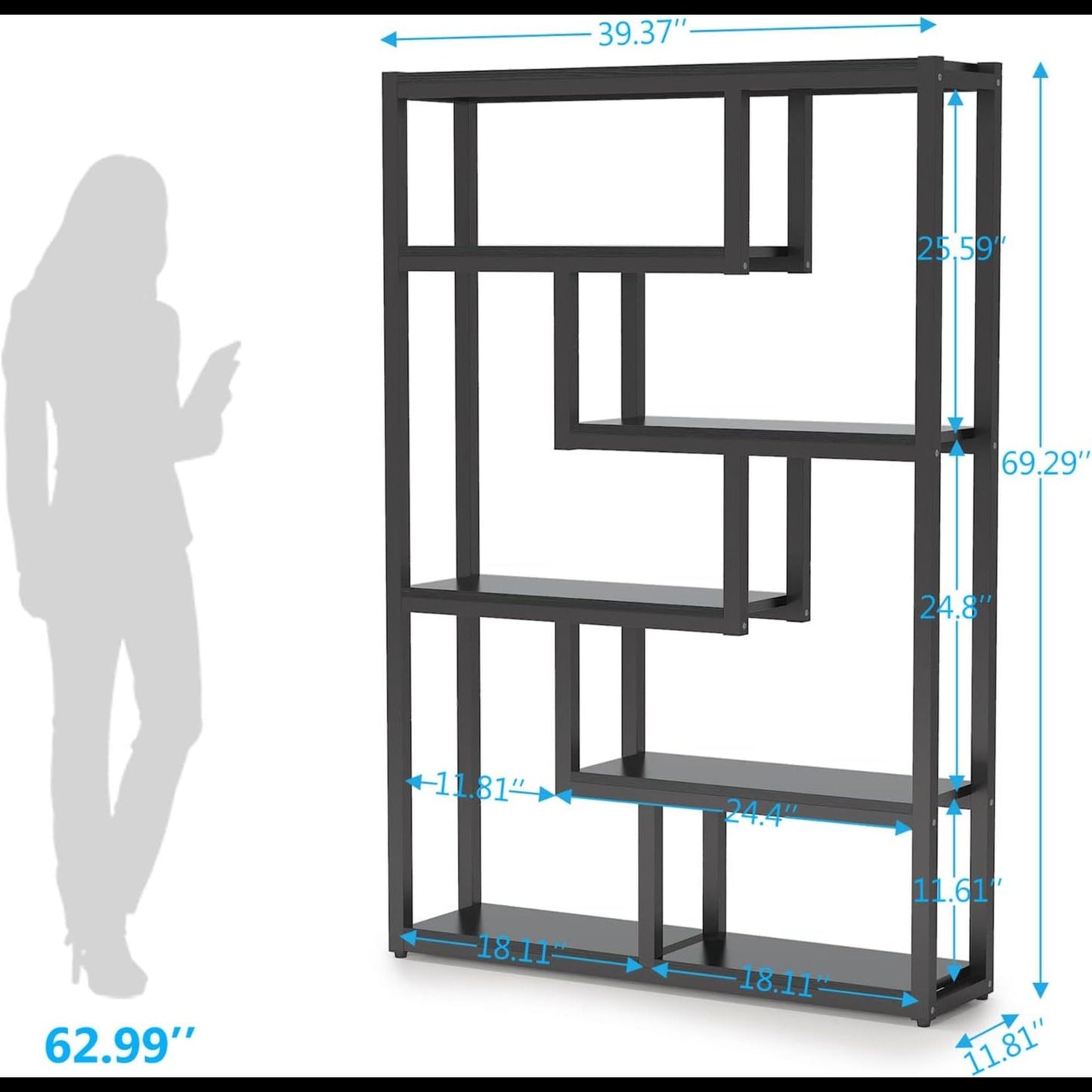 6 Tier Etagere Bookcase With Asymmetrical Shelves For Living Room