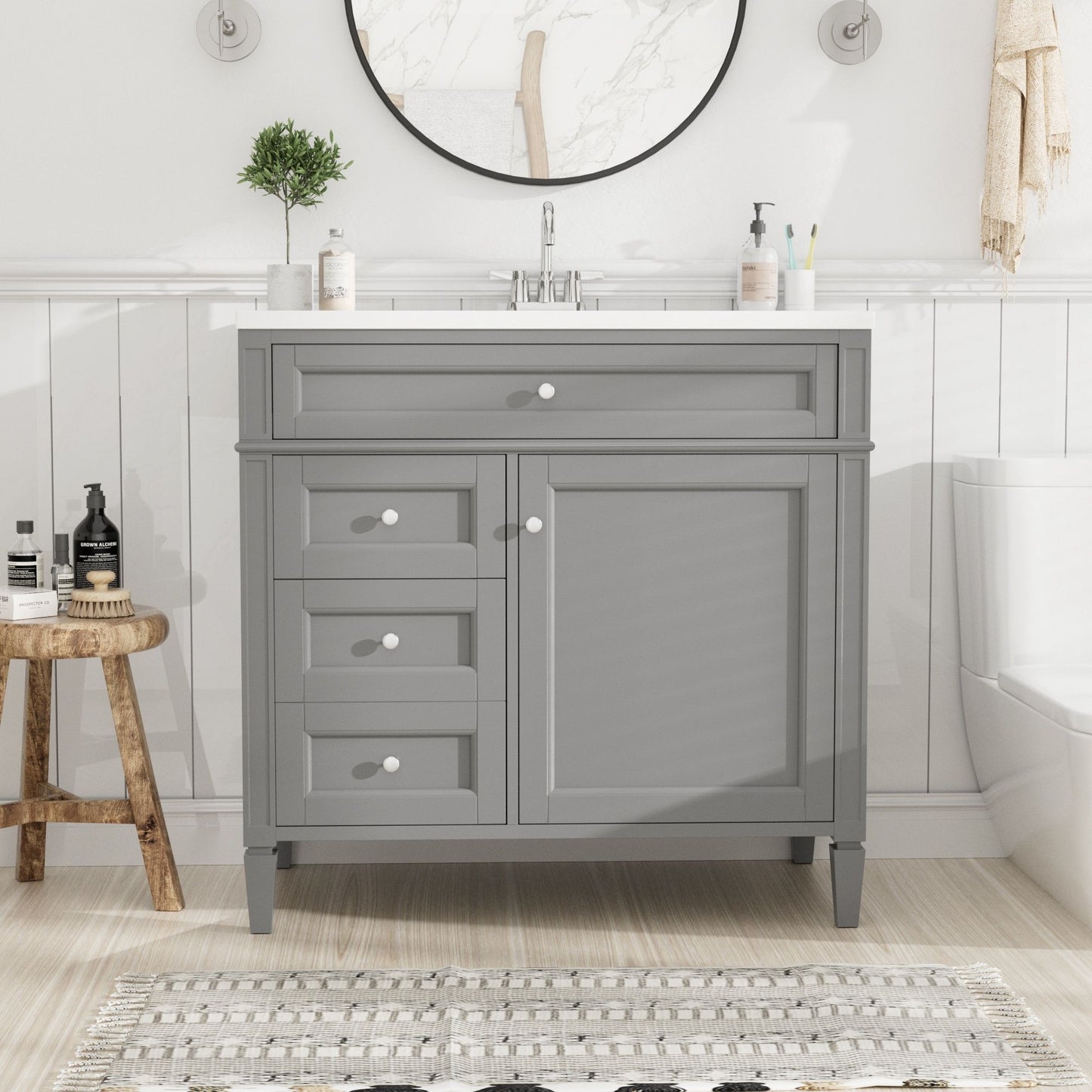 Bathroom Vanity With Top Sink, 2 Drawers And Tip Out Drawer, Rectangular Design
