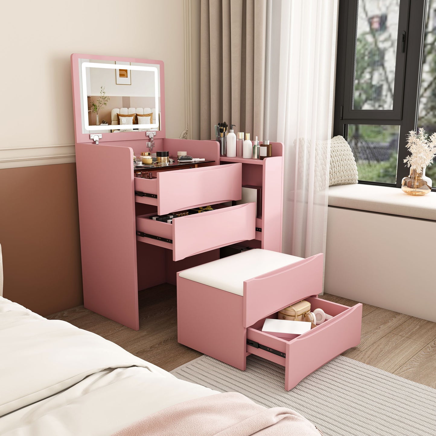 Flip Mirror Vanity Desk With Adjustable LED Lights & Stool For Bedroom