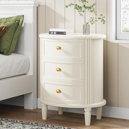 Oval Nightstand With 3 Drawers, Bedside Table - White