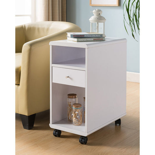 Mobile Chairside Table With Drawer - White