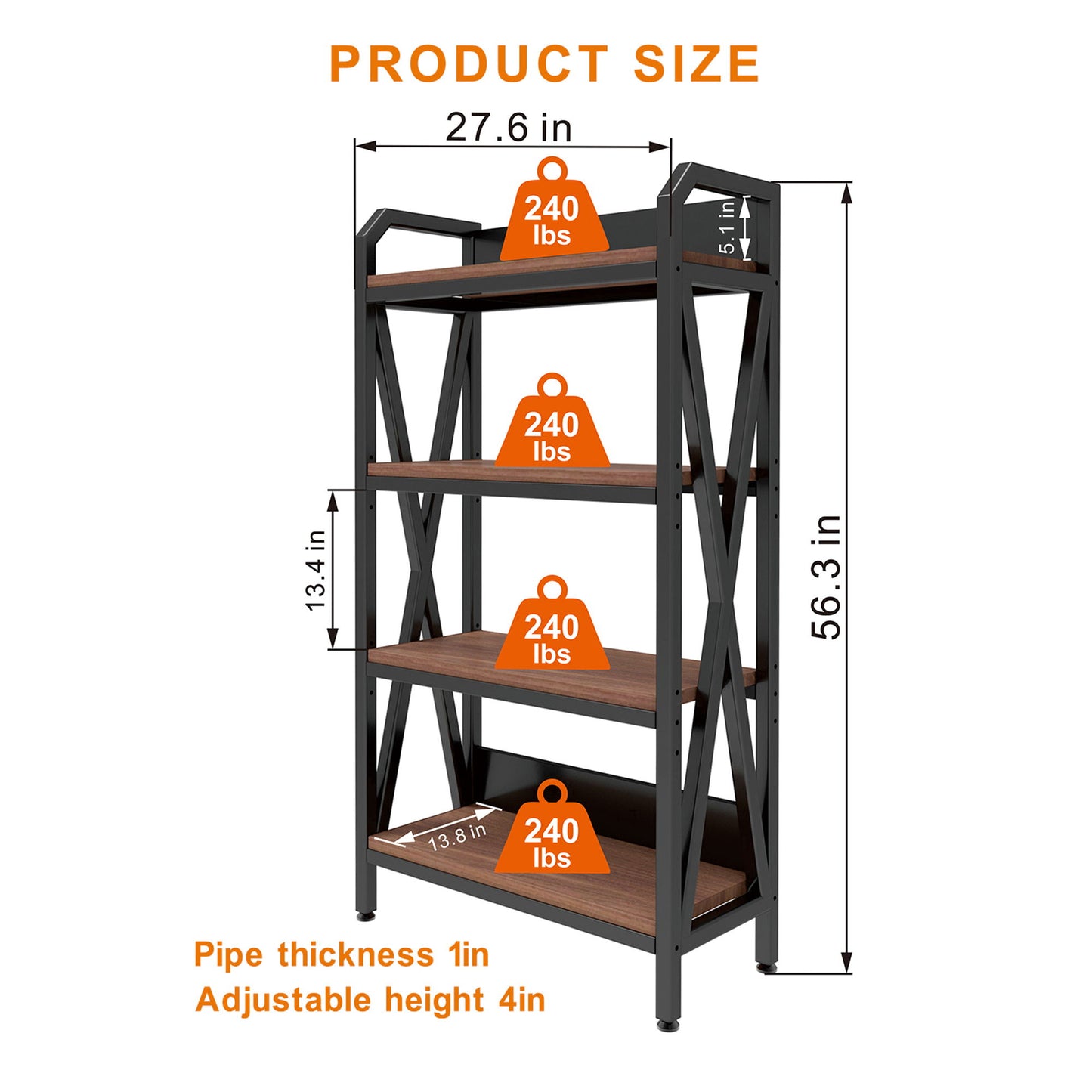 Bakers Rack Storage Shelves 4 Level Mental And Wooden Kitchen Shelves, Kitchen Organizers And Storage, For Garage, Pantry, Bathroom, Closet - Black / Black Brown